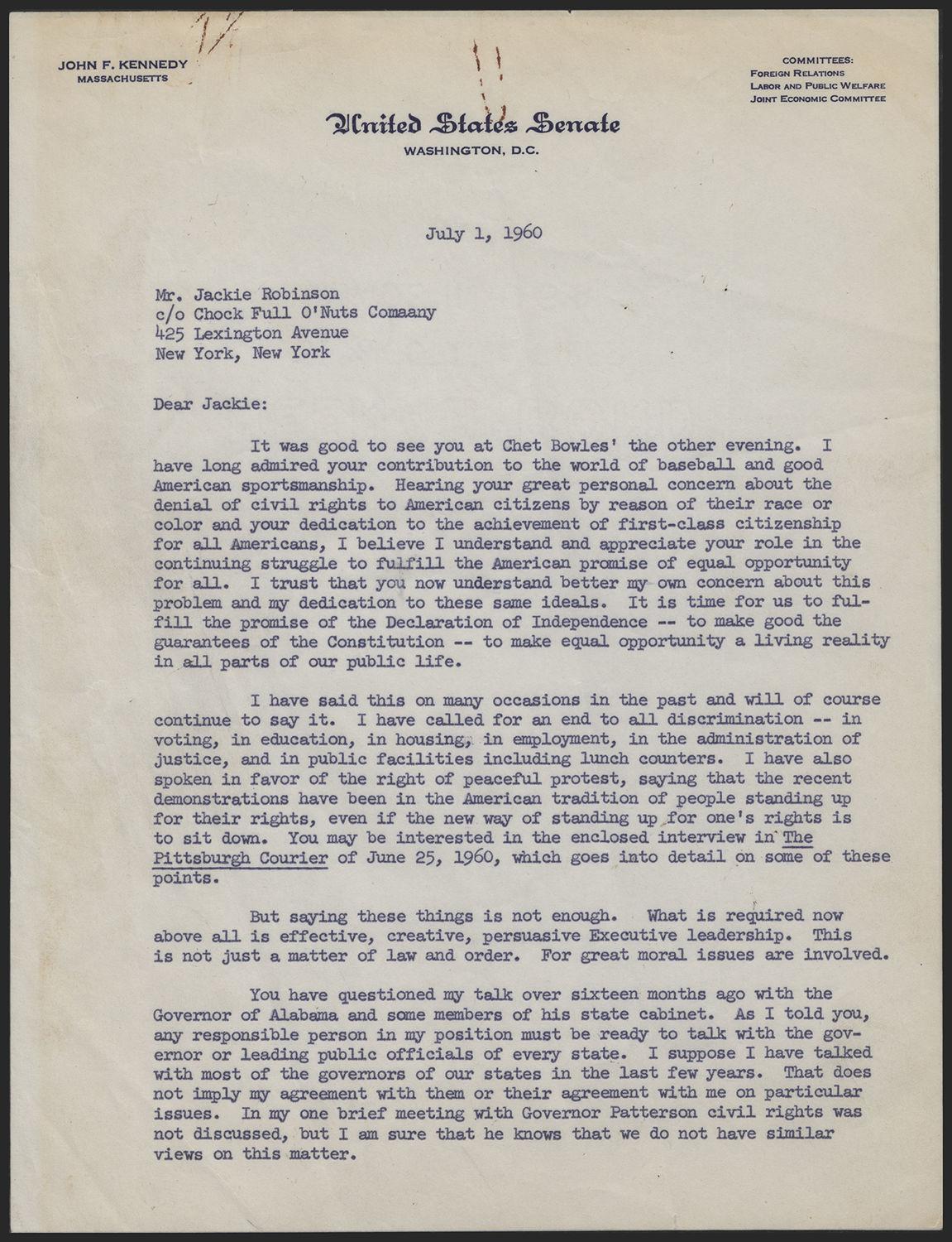JFK’s letter to Jackie Robinson Baseball Hall of Fame